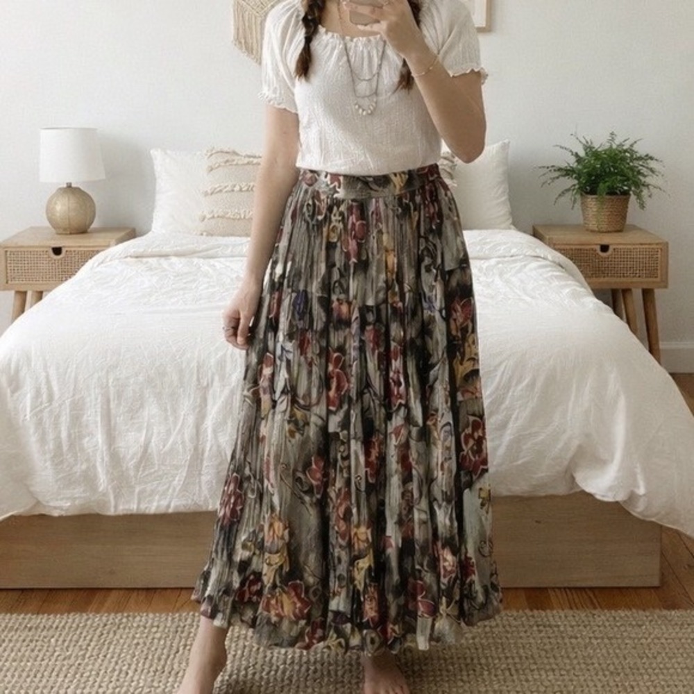 Vintage Neo Nostalgia Floral Pleated‎ Maxi Skirt Size SP Green Gypsy Cottagecore